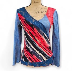 Les Mains Folles Artistick Patchwork Long Sleeve Top With Boho Lace Trim, Size M